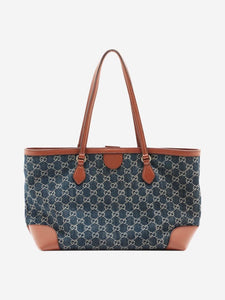 Gucci Blue denim monogram leather trim tote bag