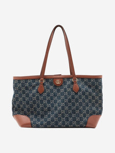 Gucci Blue denim monogram leather trim tote bag