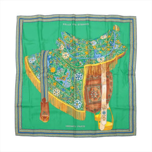 Hermes Green Carré 90 Selle Des Steppes silk scarf