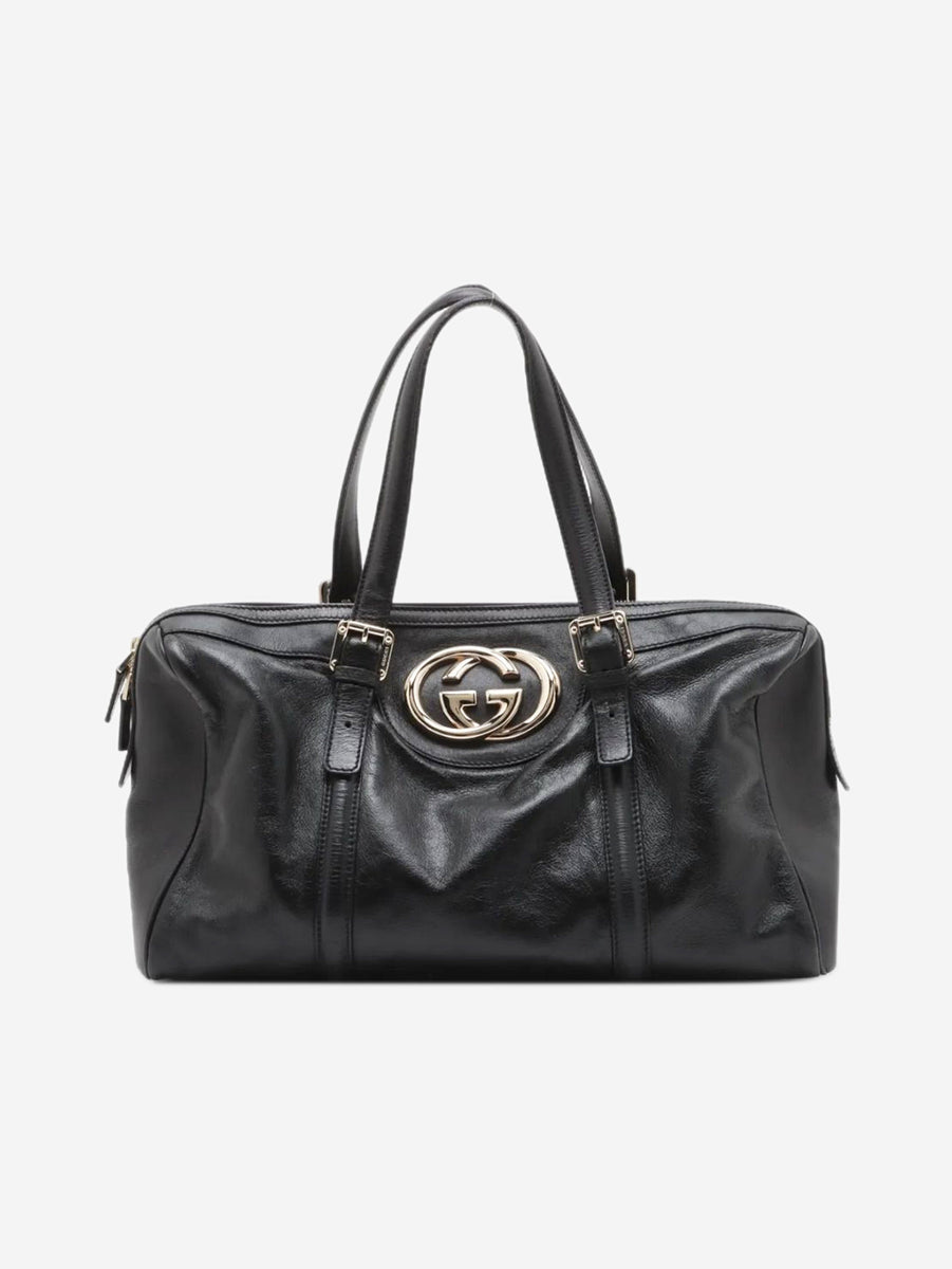 Gucci pre-owned black Interlocking G leather top handle bag | Sign