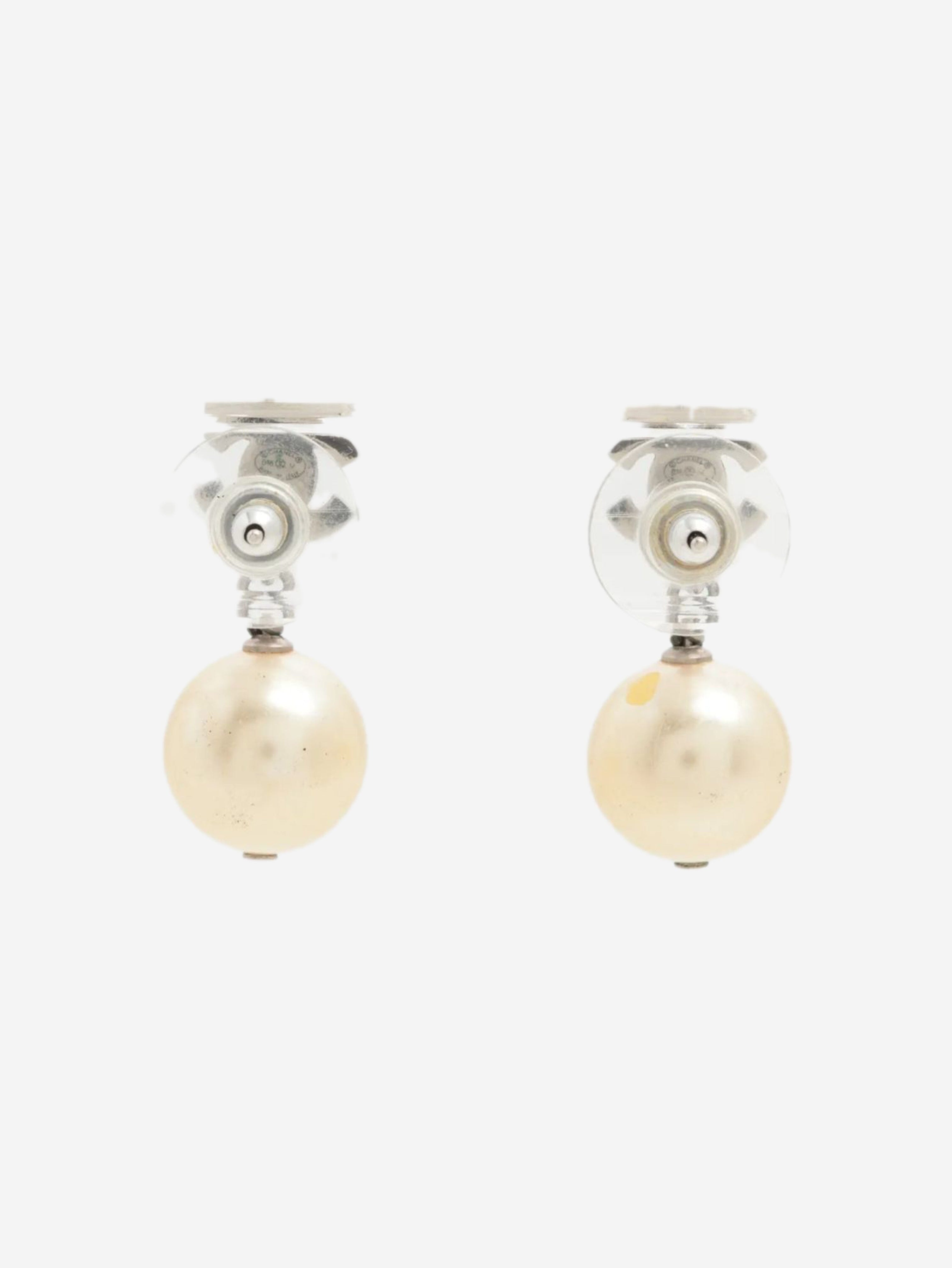 Silver CC rhinestone and faux-pearl earrings Earrings Chanel 