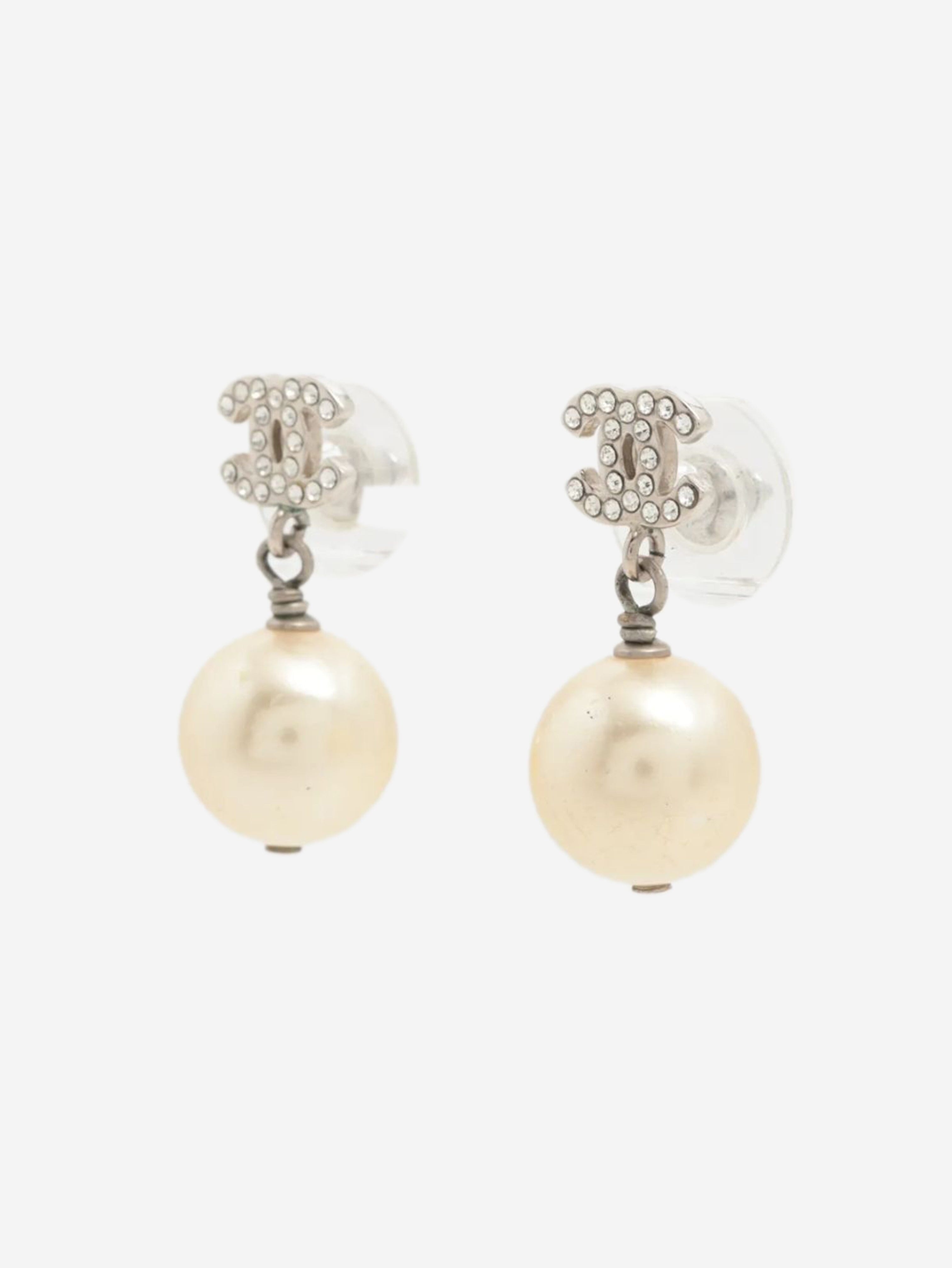 Silver CC rhinestone and faux-pearl earrings Earrings Chanel 