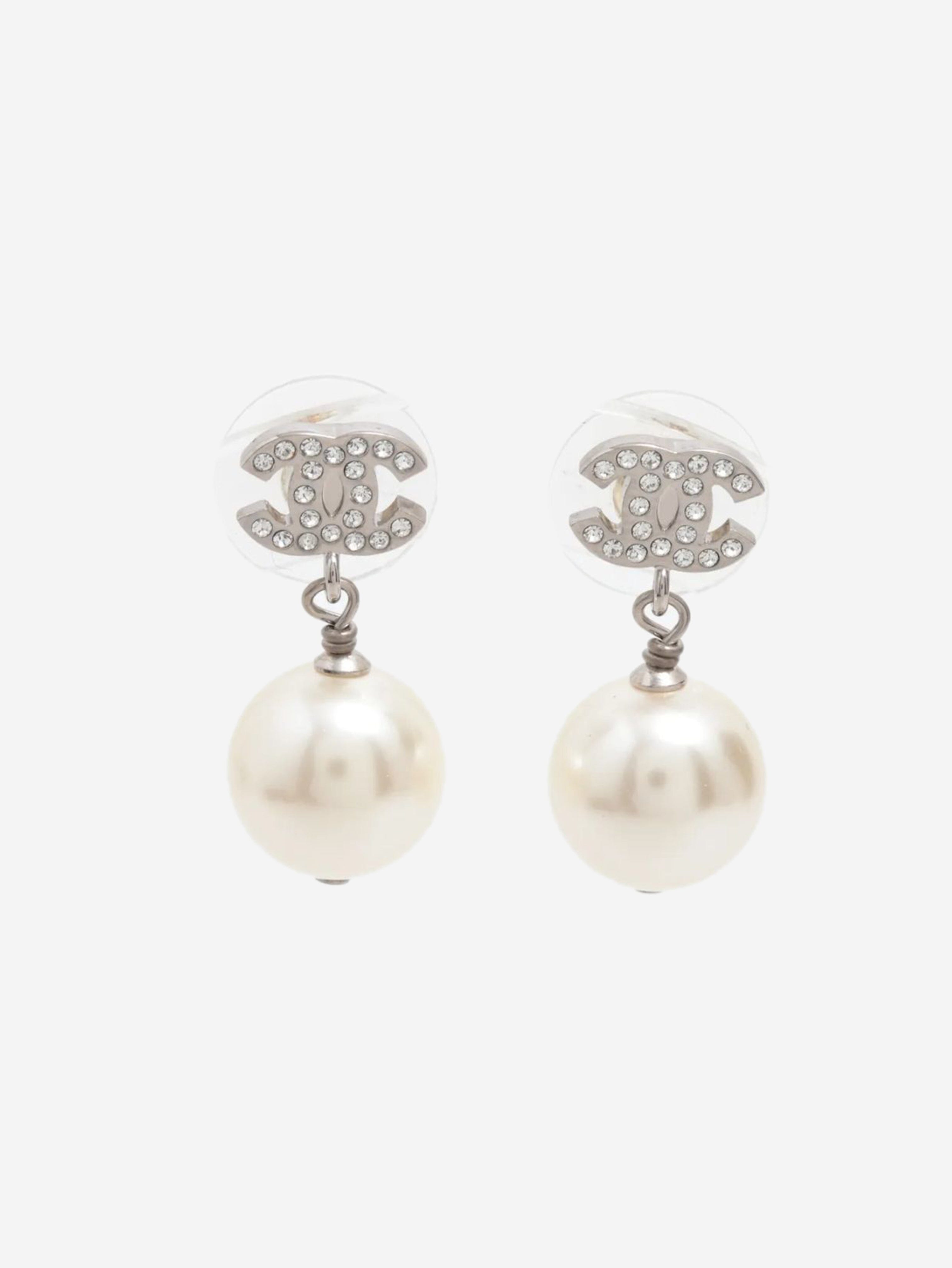 Silver CC rhinestone and faux-pearl earrings Earrings Chanel 