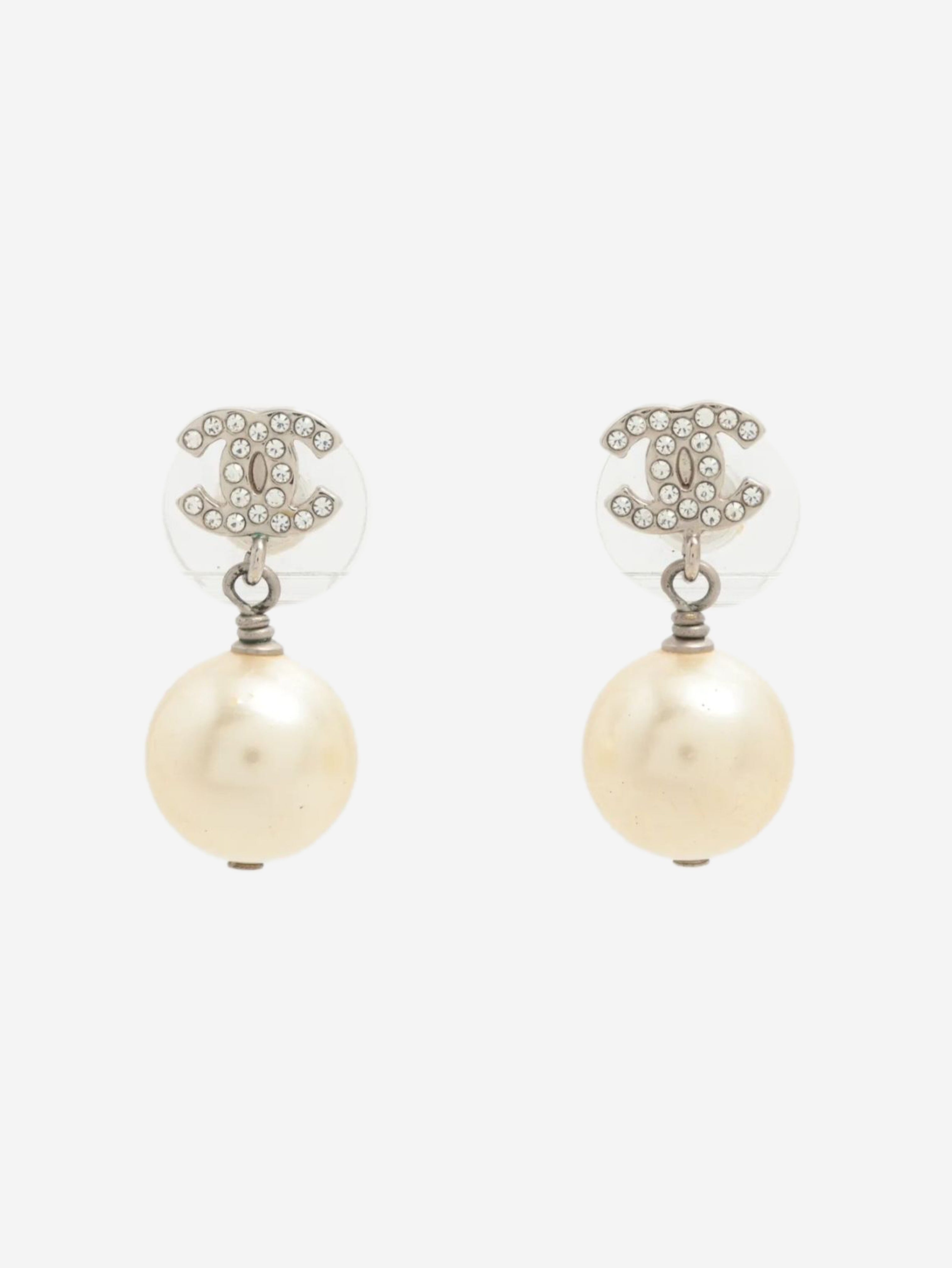 Silver CC rhinestone and faux-pearl earrings Earrings Chanel 