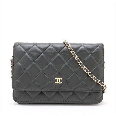 Black 2014 lambskin quilted Wallet on Chain