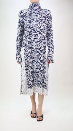 Blue high-neck printed dress with lace trim - size FR 36