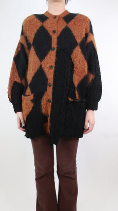Brown patchwork diamond print cardigan - size S