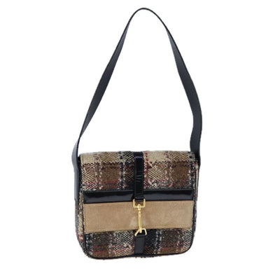 BURBERRY Nova Check Shoulder Bag Wool Leather Beige Black gold Auth 109097 Burberry 