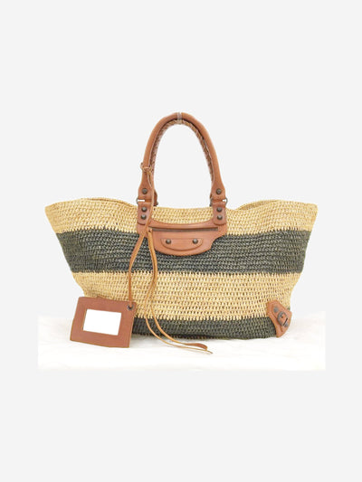 Neutral raffia striped tote bag