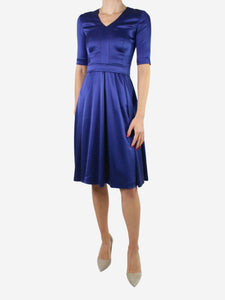 Emilia Wickstead Blue short-sleeved silk v-neck dress with belt - size UK 6