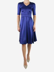 Emilia Wickstead Blue short-sleeved silk v-neck dress with belt - size UK 6