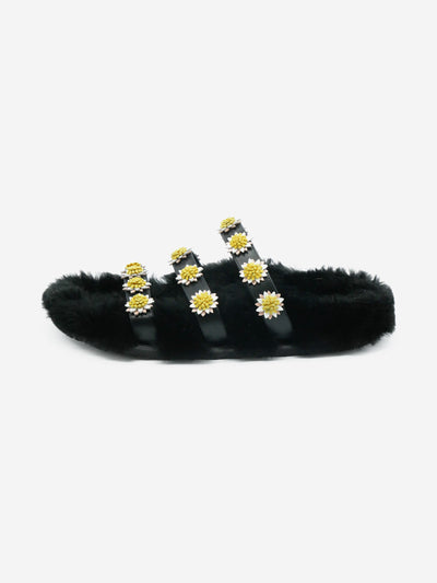 Black furry lined sandals with floral embroidered straps - size EU 40 Flat Sandals Fabrizio Viti 