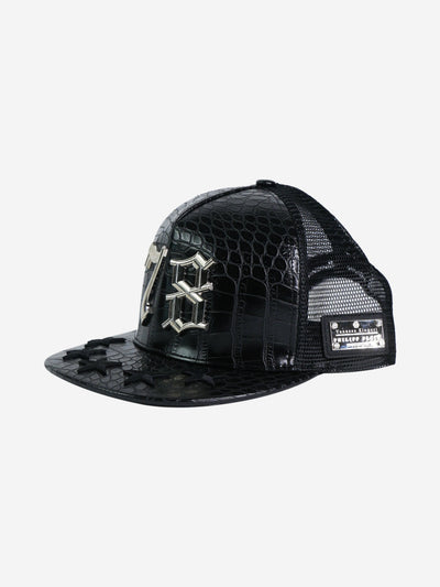 Black croc skin hat with star embroidery and metal detail Hats Philipp Plein 
